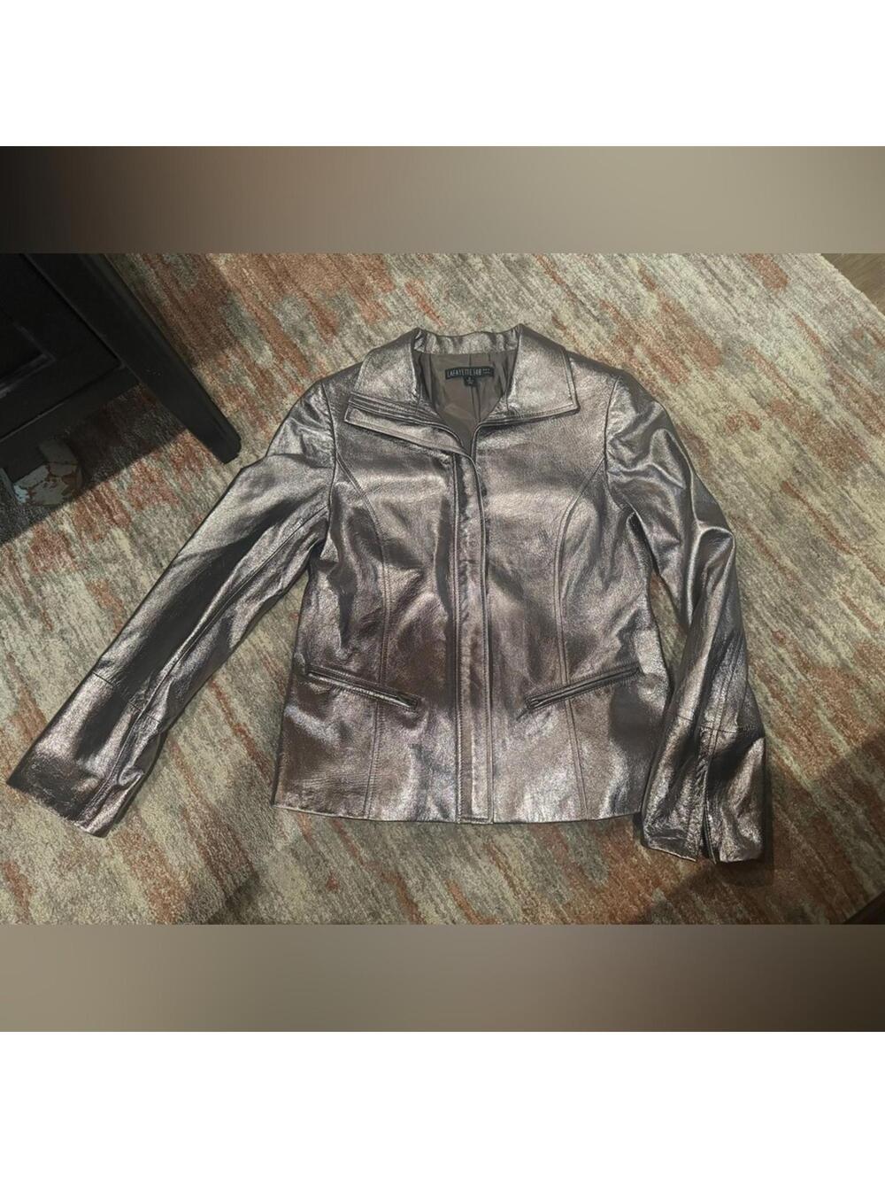 Lafayette 148 Metallic Silver Full Zip Lambskin Leather Jacket Size 6 - Picture 2 of 8